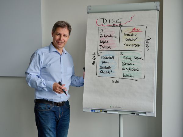 Hans-Jörg Gramlinger steht neben Flipchart mit DISG Modell